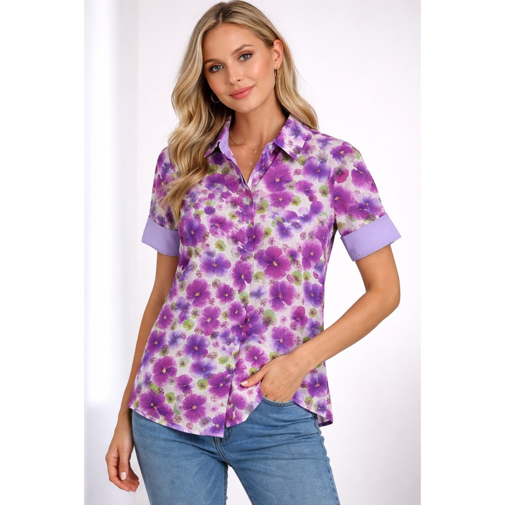 Perlavera Boutique Purple Pansy Floral Button Down Short Sleeve Work Shirt XS